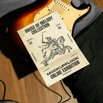 High quality poster mockup leaning on a person who holding a guitar electric in a music studio. Aesthetic print mockup created for Adobe Photoshop