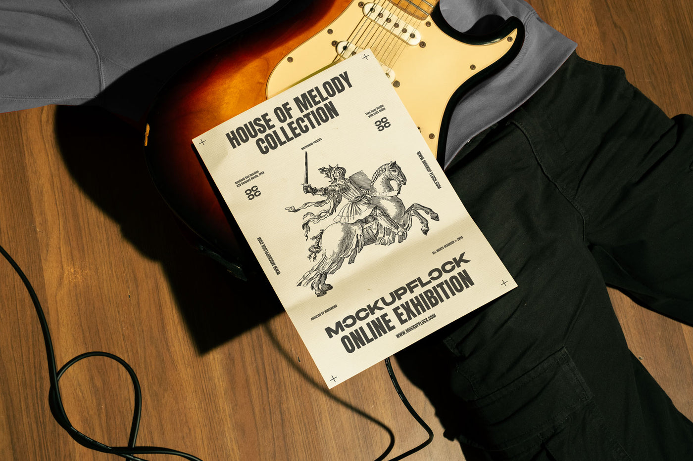 High quality poster mockup leaning on a person who holding a guitar electric in a music studio. Aesthetic print mockup created for Adobe Photoshop