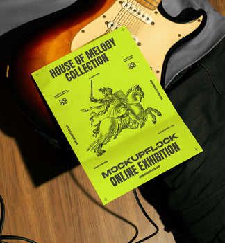 High quality poster mockup leaning on a person who holding a guitar electric in a music studio. Aesthetic print mockup created for Adobe Photoshop