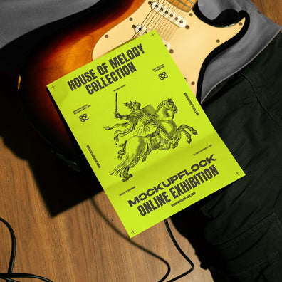 High quality poster mockup leaning on a person who holding a guitar electric in a music studio. Aesthetic print mockup created for Adobe Photoshop