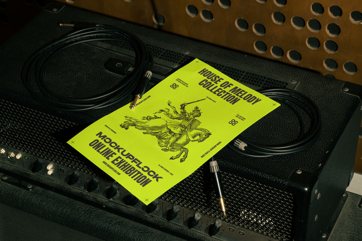 High quality poster mockup leaning on a equalizer. Aesthetic print mockup created for Adobe Photoshop