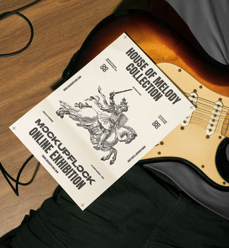 High quality poster mockup leaning on a electric guitar. Aesthetic print mockup created for Adobe Photoshop