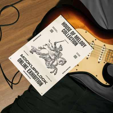 High quality poster mockup leaning on a electric guitar. Aesthetic print mockup created for Adobe Photoshop
