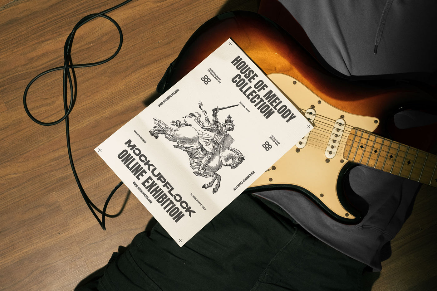 High quality poster mockup leaning on a electric guitar. Aesthetic print mockup created for Adobe Photoshop