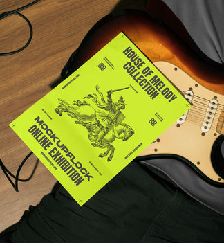 High quality poster mockup leaning on a electric guitar. Aesthetic print mockup created for Adobe Photoshop