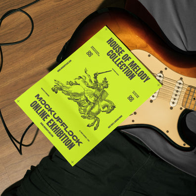 High quality poster mockup leaning on a electric guitar. Aesthetic print mockup created for Adobe Photoshop
