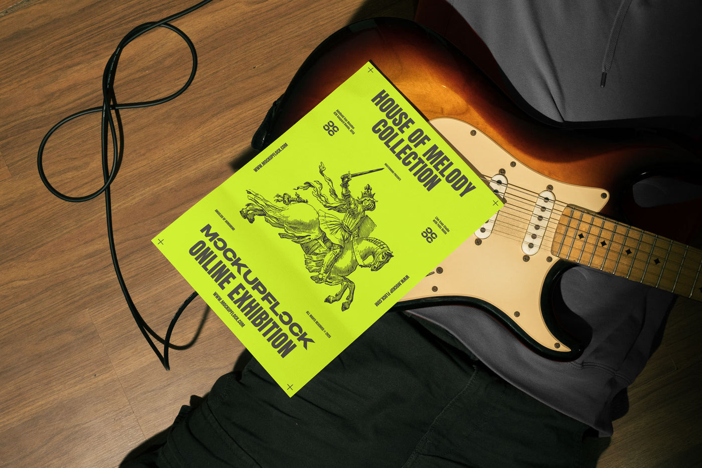 High quality poster mockup leaning on a electric guitar. Aesthetic print mockup created for Adobe Photoshop