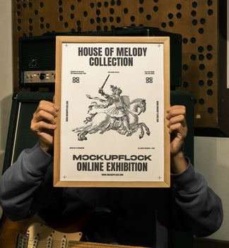 High quality poster frame mockup of someone holding a poster frame in a music studio. Aesthetic print mockup created for Adobe Photoshop