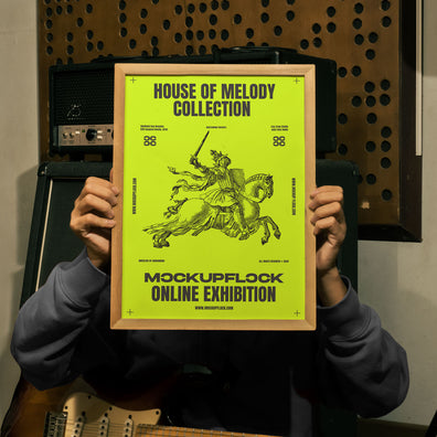 High quality poster frame mockup of someone holding a poster frame in a music studio. Aesthetic print mockup created for Adobe Photoshop