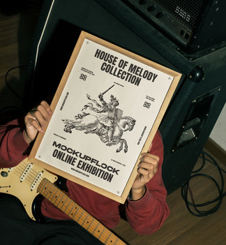 High quality poster frame mockup of someone holding a poster frame in a music studio. Aesthetic print mockup created for Adobe Photoshop
