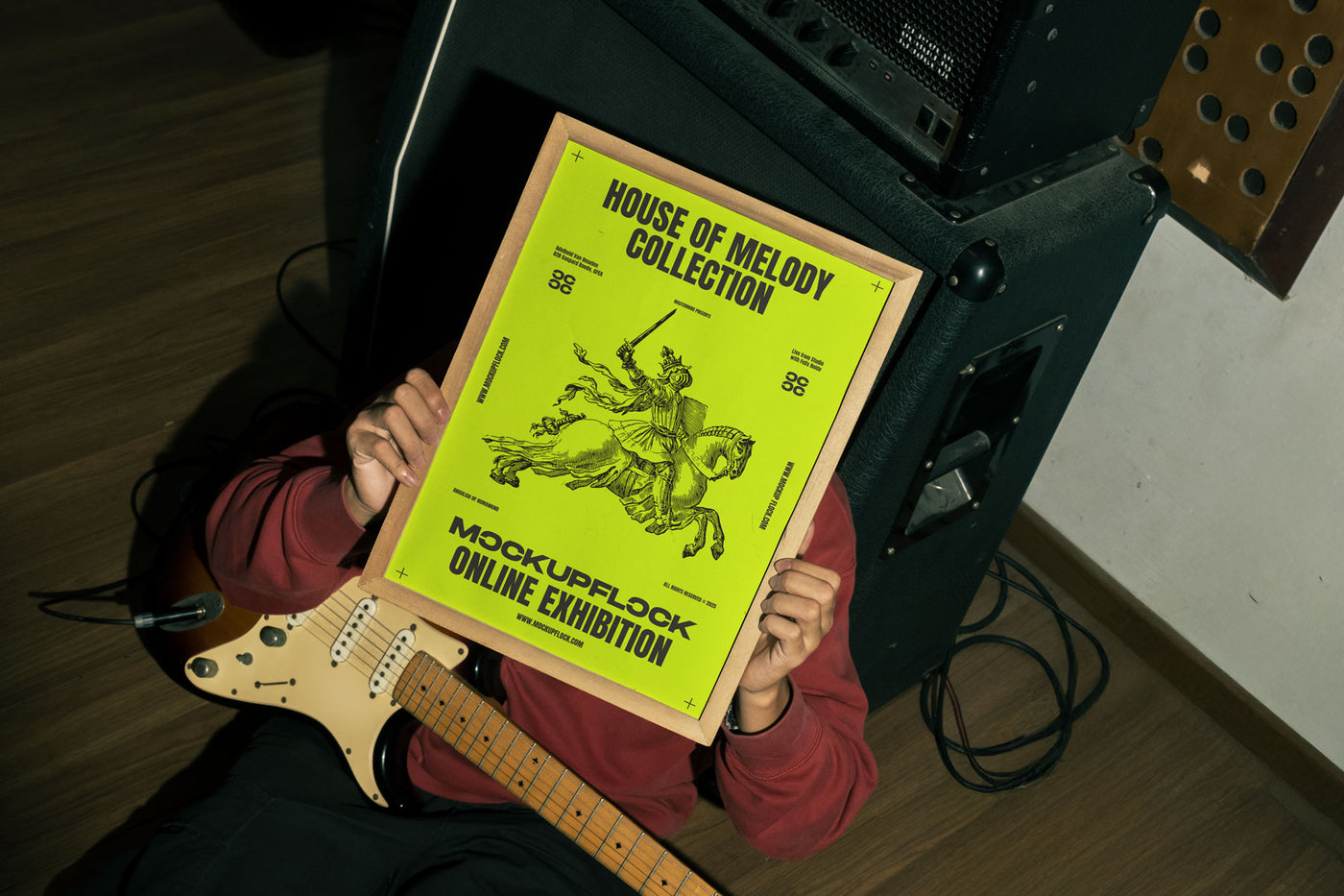 High quality poster frame mockup of someone holding a poster frame in a music studio. Aesthetic print mockup created for Adobe Photoshop