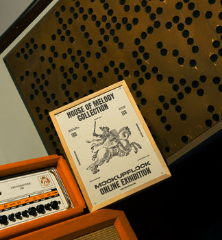 A high quality poster mockup standing on top of an amplifier in a music studio. An aesthetic print mockup created for Adobe Photoshop.