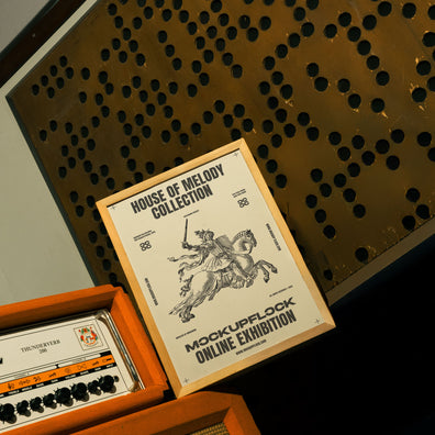 A high quality poster mockup standing on top of an amplifier in a music studio. An aesthetic print mockup created for Adobe Photoshop.