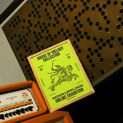 A high quality poster mockup standing on top of an amplifier in a music studio. An aesthetic print mockup created for Adobe Photoshop.