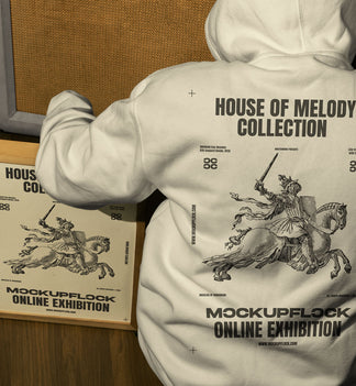 This high quality poster mockup features a person wearing a hoodie sitting next to a poster frame in a music studio. This aesthetic print mockup was created for Adobe Photoshop.