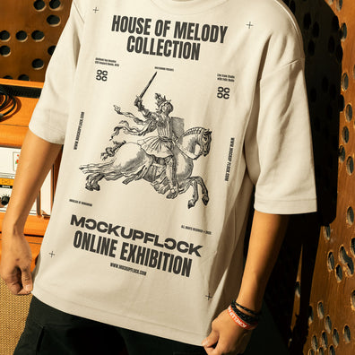 This high-quality t-shirt mockup features a person standing in front of an orange amplifier in a music studio. This aesthetic print mockup was created in Adobe Photoshop.
