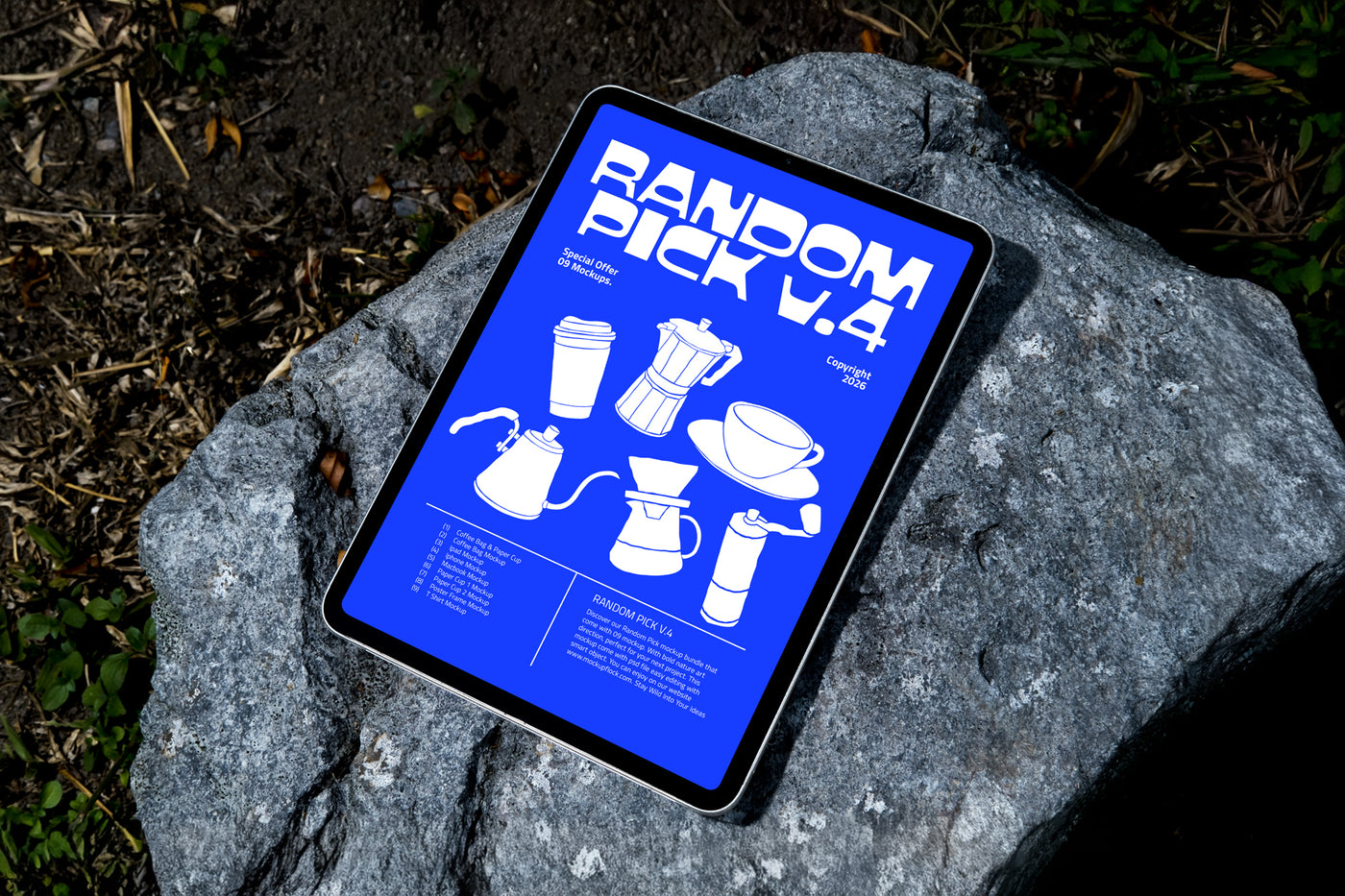 Outdoor tablet mockup device on a rocky surface. made by mockup flock
