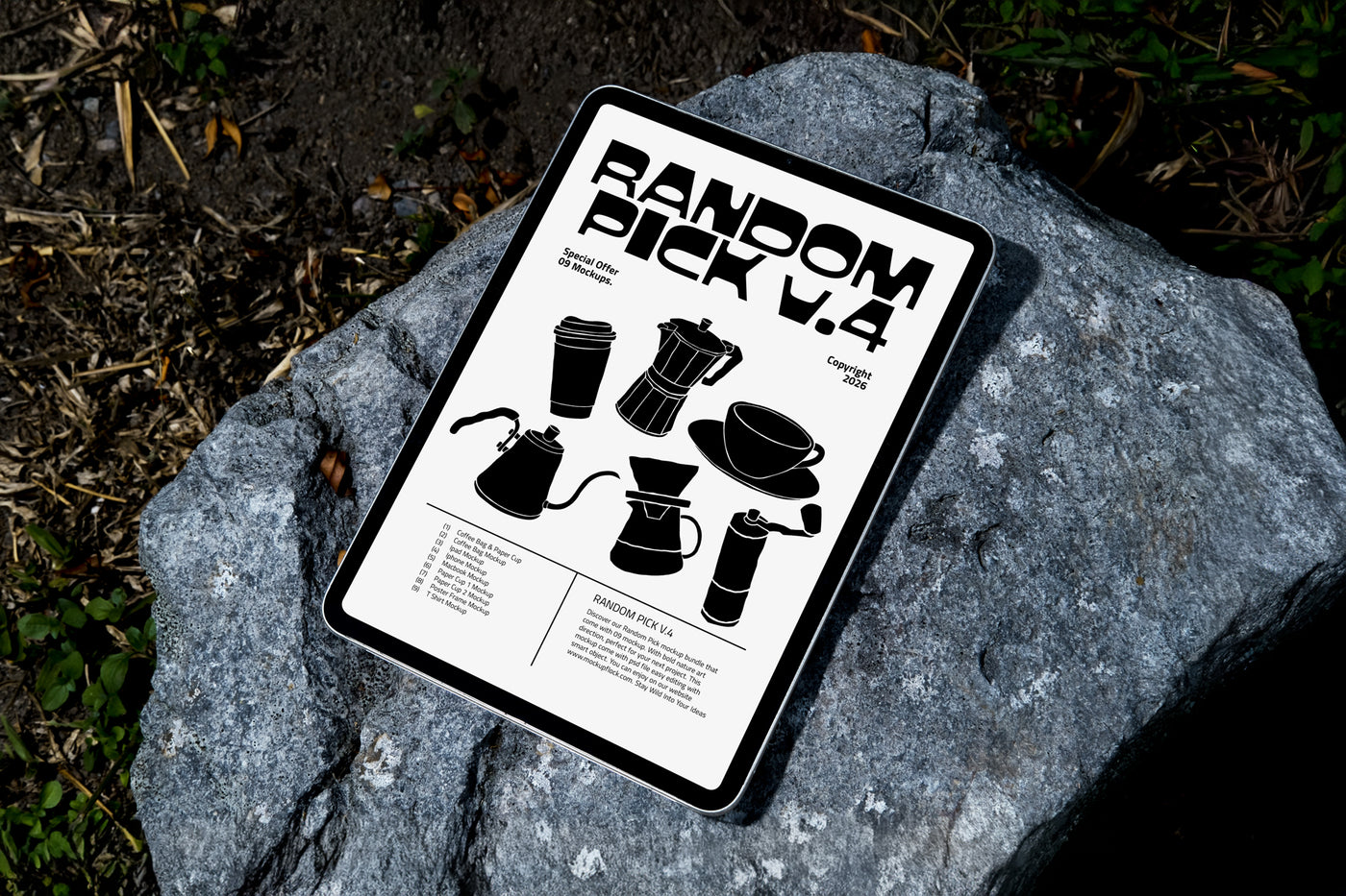 Outdoor tablet mockup device on a rocky surface. made by mockup flock