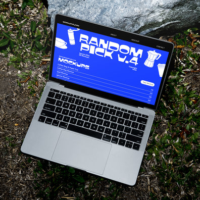 Laptop on grass displaying chunky font typeface, ideal for designer looking mockups, graphic design, typography inspiration, and digital assets.