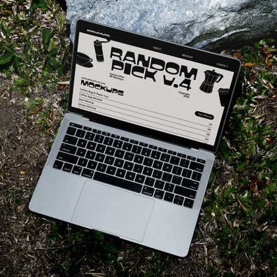 Laptop on grass displaying chunky font typeface, ideal for designer looking mockups, graphic design, typography inspiration, and digital assets.