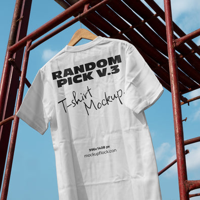 urban T shirts mockup hanging on scaffolding with sky background