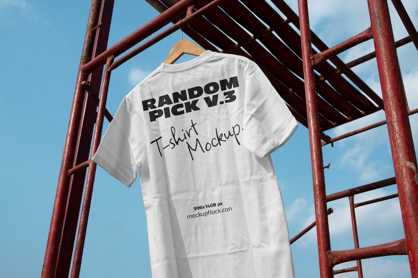urban T shirts mockup hanging on scaffolding with sky background