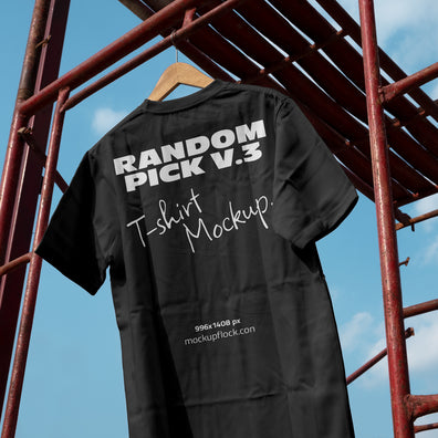 urban T shirts mockup hanging on scaffolding with sky background