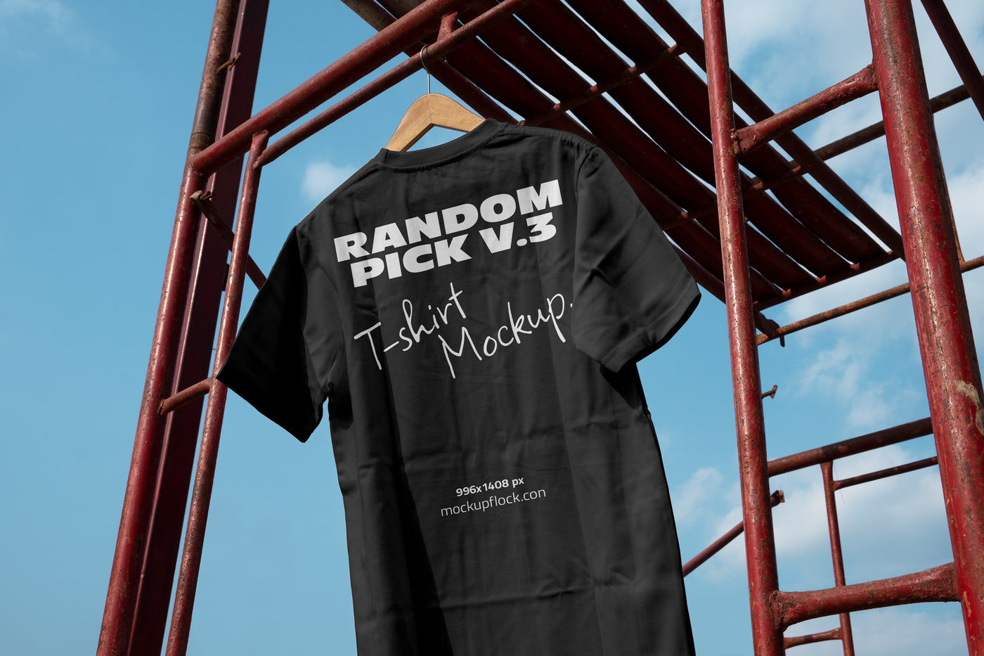 urban T shirts mockup hanging on scaffolding with sky background