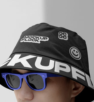 A person wearing a bucket hat and blue glasses, written MOCKUP FLOCK