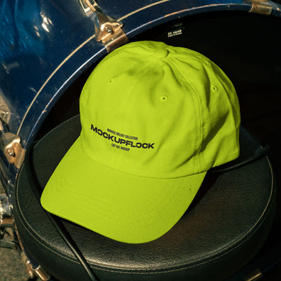 hat mockup leaning on a drum throne