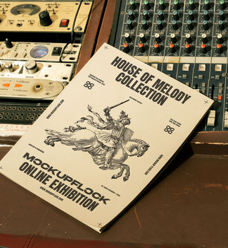 magazine mockup leaning on a analog mixer