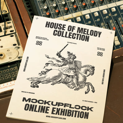 magazine mockup leaning on a analog mixer