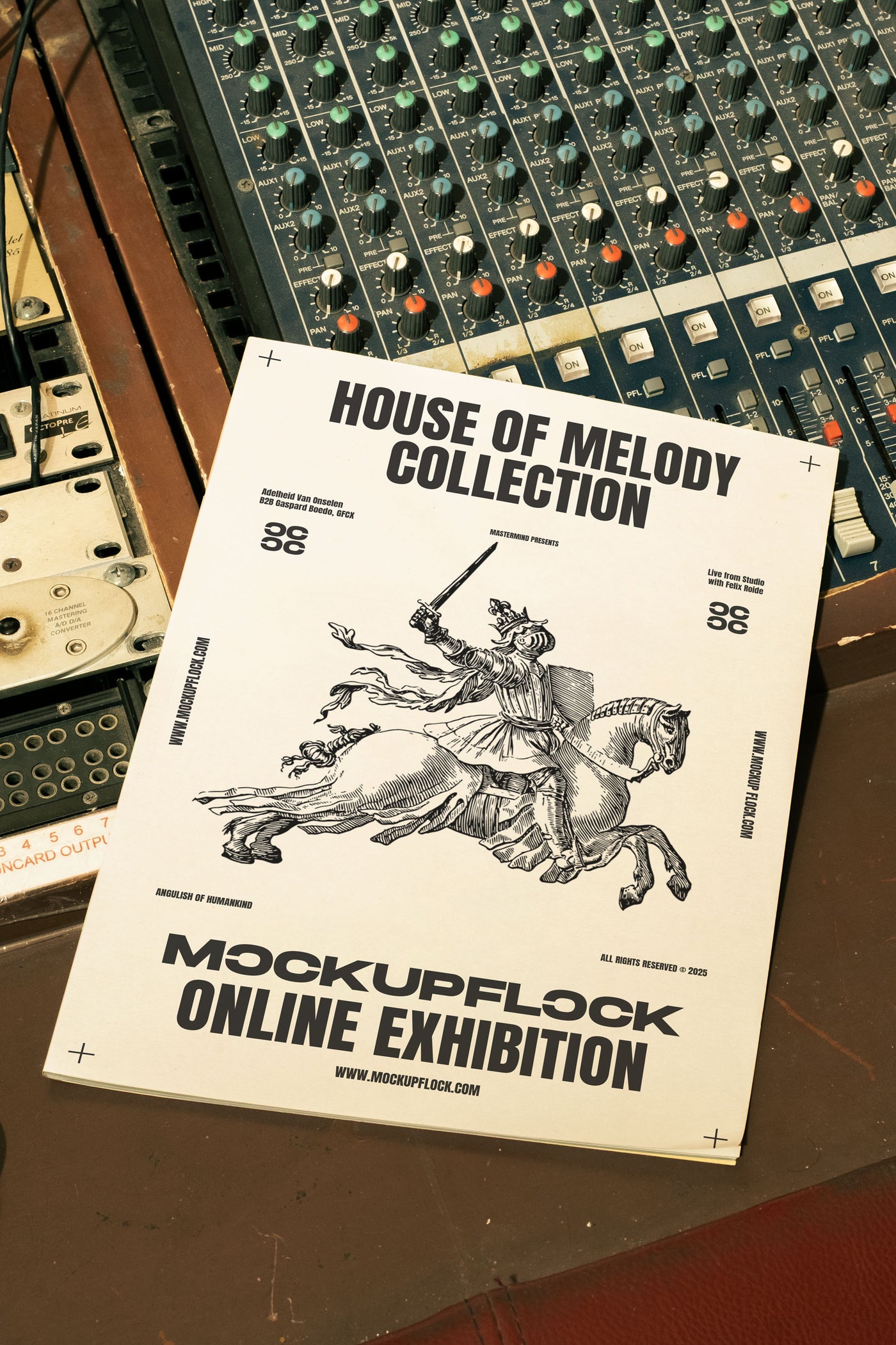 magazine mockup leaning on a analog mixer