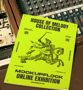 magazine mockup leaning on a analog mixer