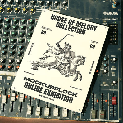 magazine mockup leaning on a analog mixer