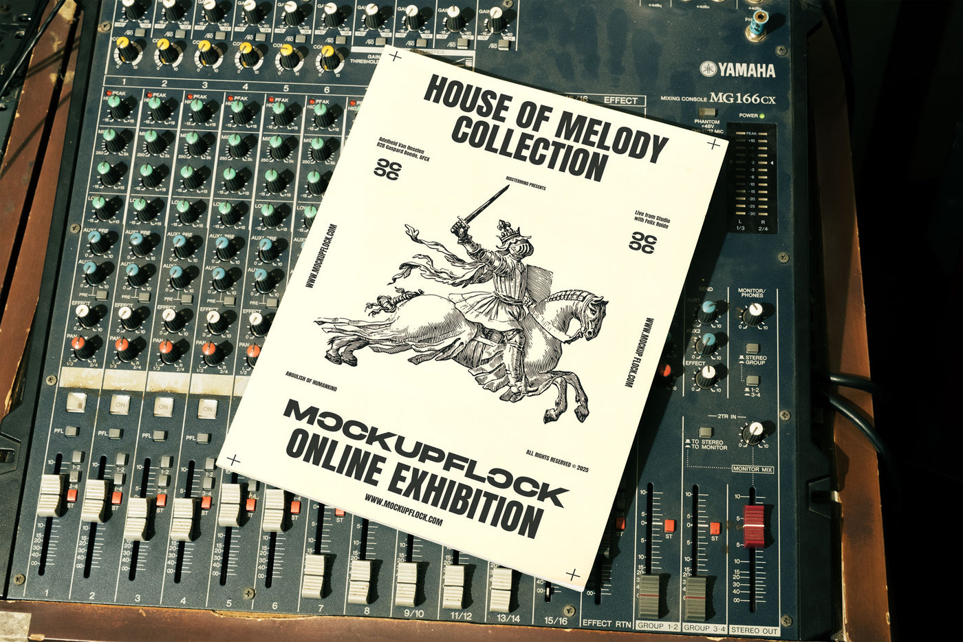 magazine mockup leaning on a analog mixer