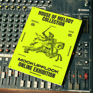 magazine mockup leaning on a analog mixer