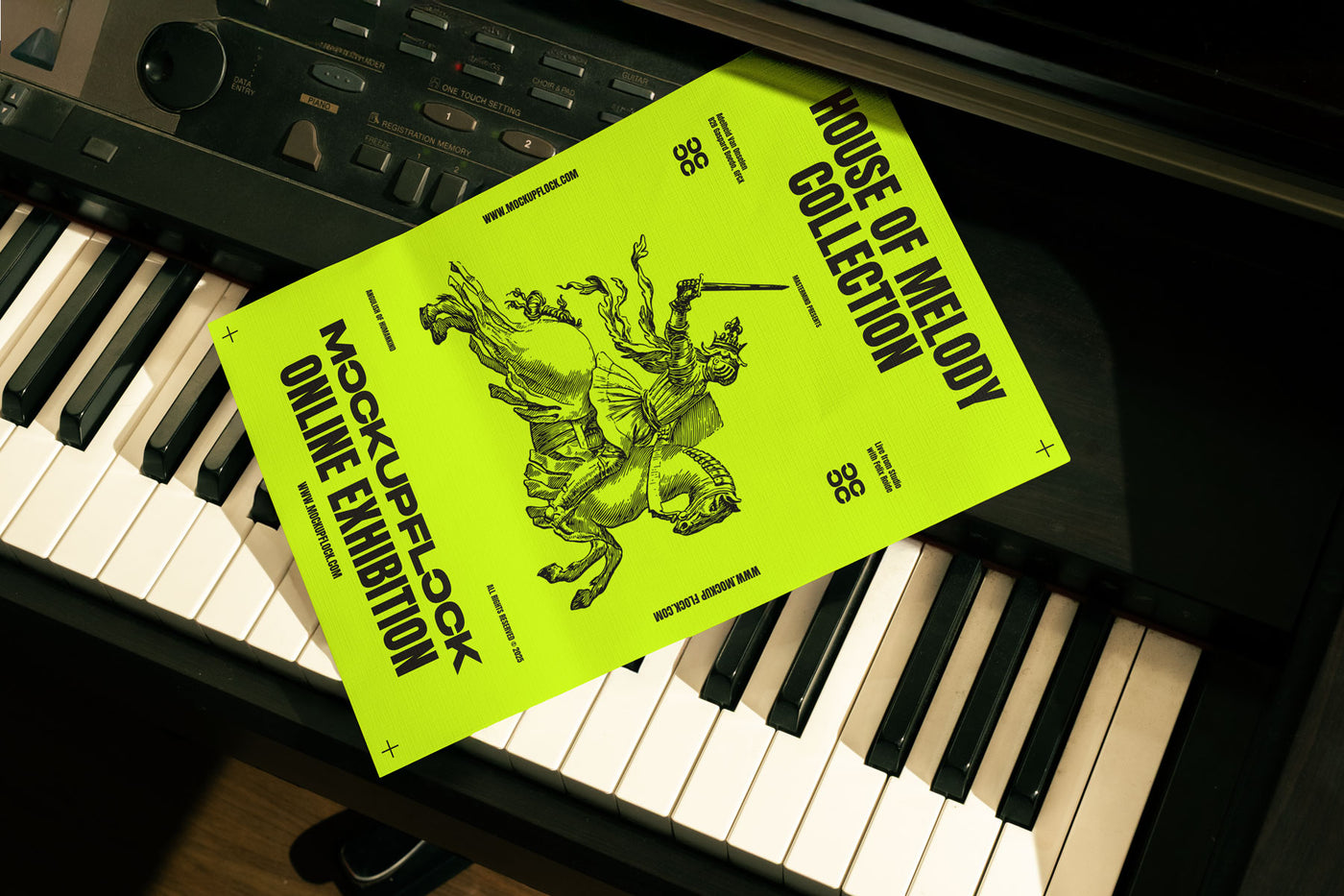 poster mockup on a piano keyboard, in the music studio mockup