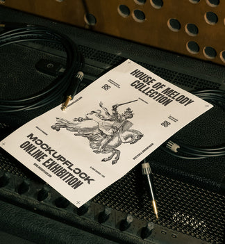 poster mockup leaning on a equalizer