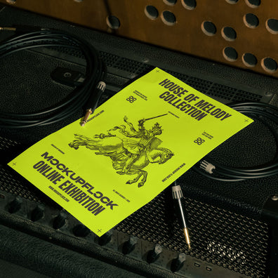 poster mockup leaning on a equalizer