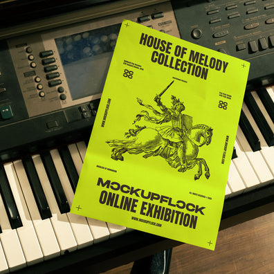 retro poster mockup leaning on a piano keyboard, in the music interior mockup.