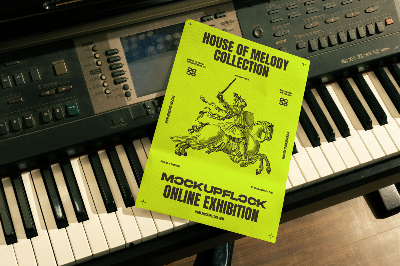 retro poster mockup leaning on a piano keyboard, in the music interior mockup.