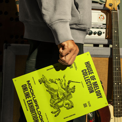 hand holding music poster a4 mockup in the music interior mockup.