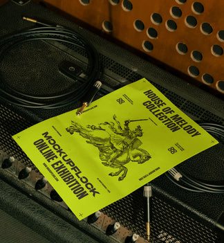 poster mockup leaning on a equalizer