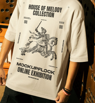 t shirt mockup features a person standing in front of an orange amplifier