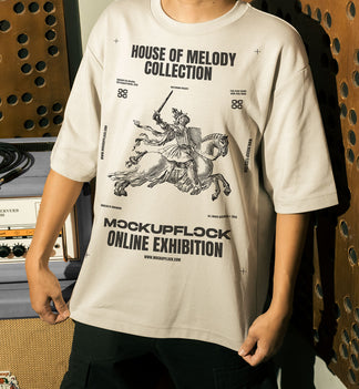 t shirt mockup features a person standing in front of an amplifier