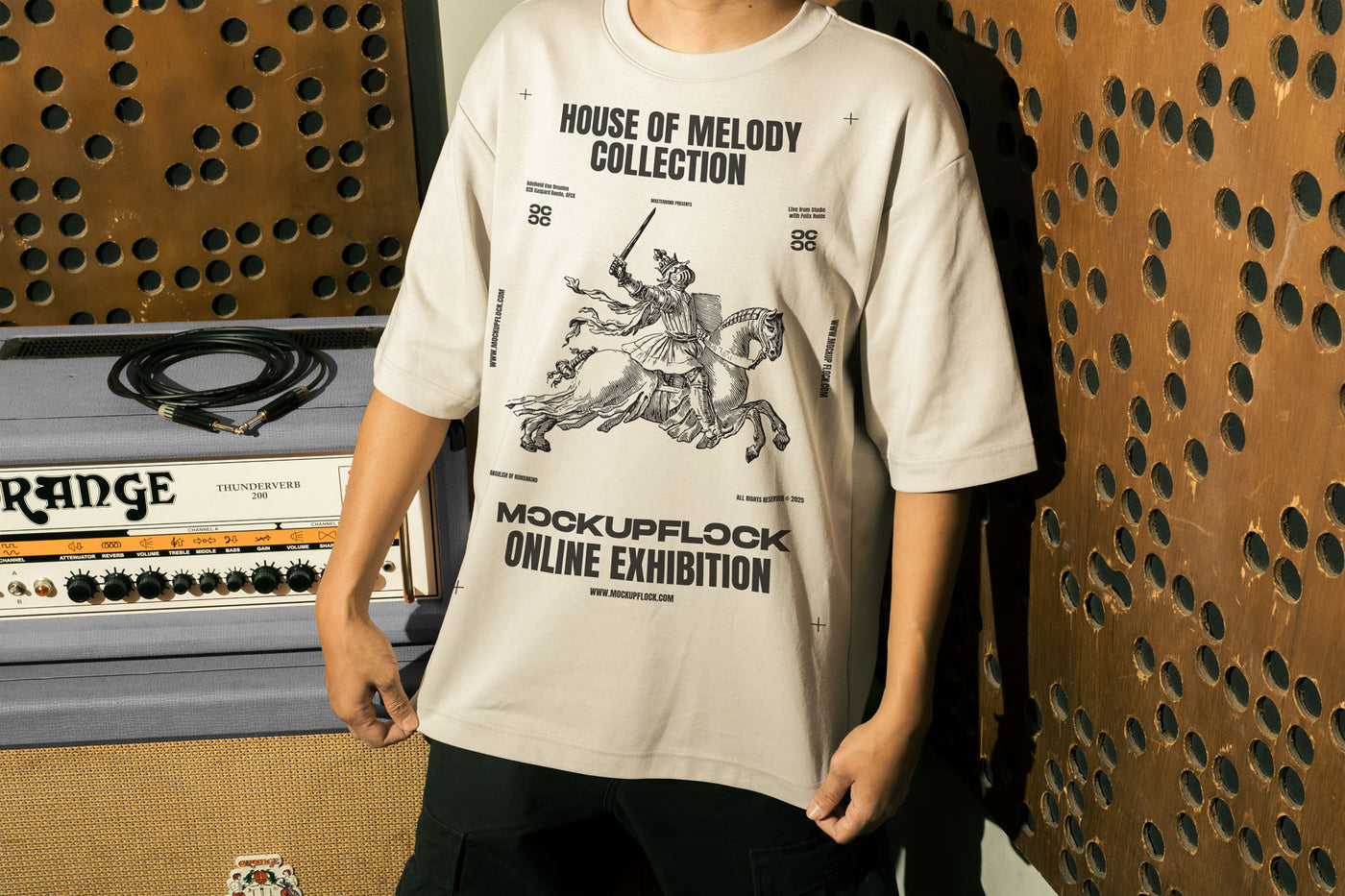 t shirt mockup features a person standing in front of an amplifier