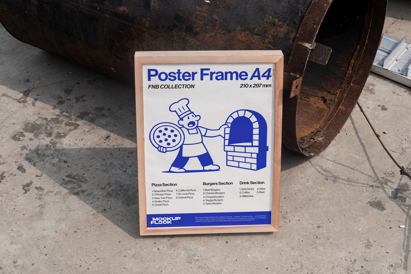 Poster frame mockup leaning on a metal barrel