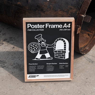 Poster frame mockup leaning on a metal barrel