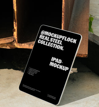 free iPad mockup displayed on concrete floor with industrial rusted steel background
